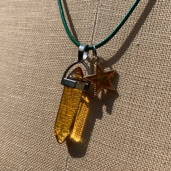 Handmade Honey Amber Resin Crystal Amulet Necklace & Enamel Star Charm - Picture 6 of 10
